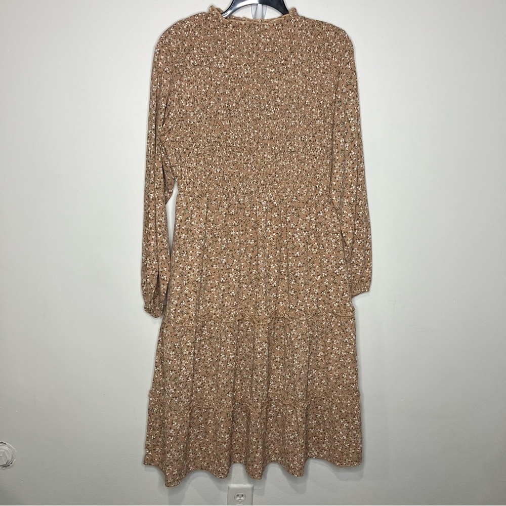 Pink lily tan pink floral smocked midi dress long sleeve women’s size XL cottage